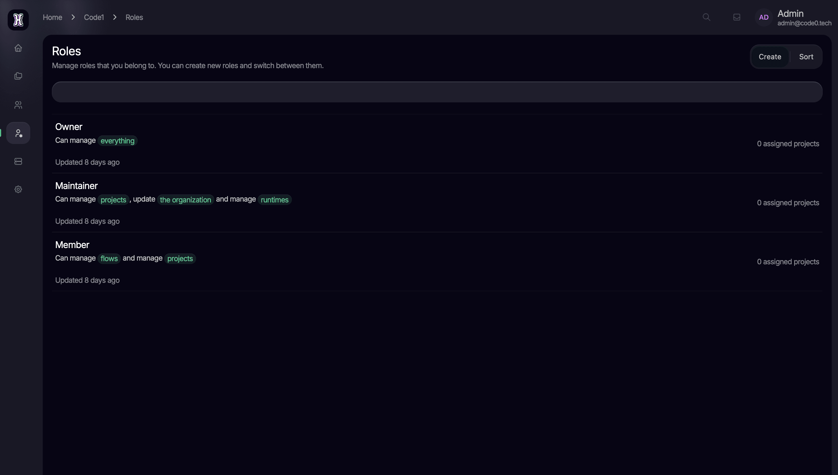 Role overview page CodeZero